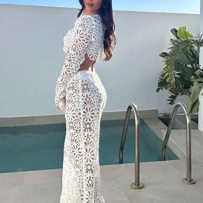 Samara Sexy Hollow Solid Casual Two Piece Set