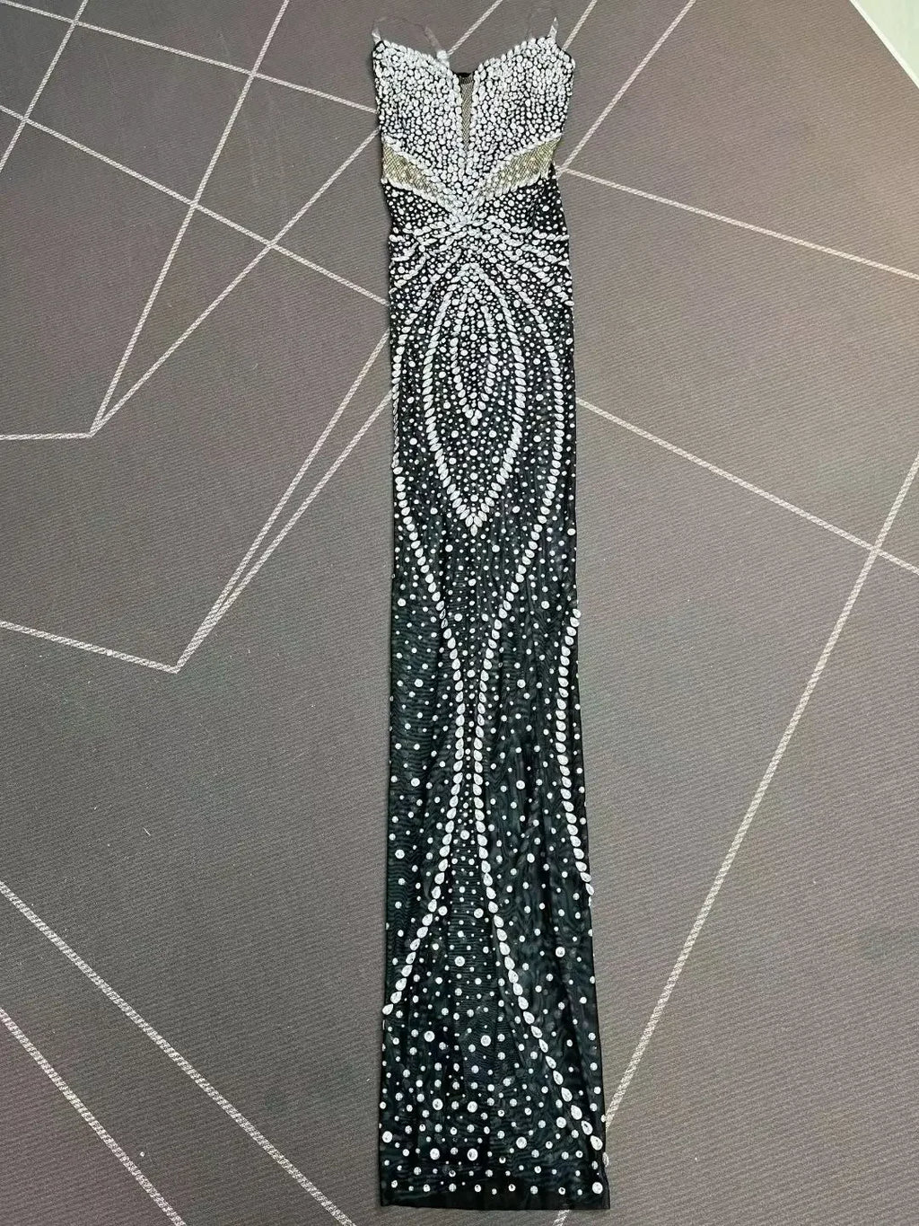Allamuchy  Elegant Floor Length Bodycon Off-The-Shoulder Crystal Illusion Dress