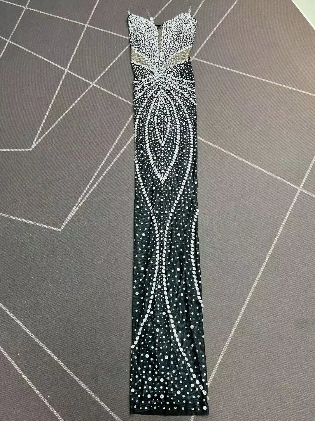 Allamuchy  Elegant Floor Length Bodycon Off-The-Shoulder Crystal Illusion Dress