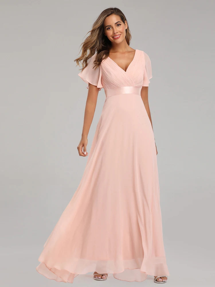 Kerney Elegant V Neck Ruffles Chiffon Formal Evening Gown Dress