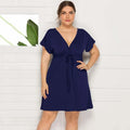 PLUS SIZE V Neck Sleeve Elastic Waist Frenulum Casual Loose Mini Dress