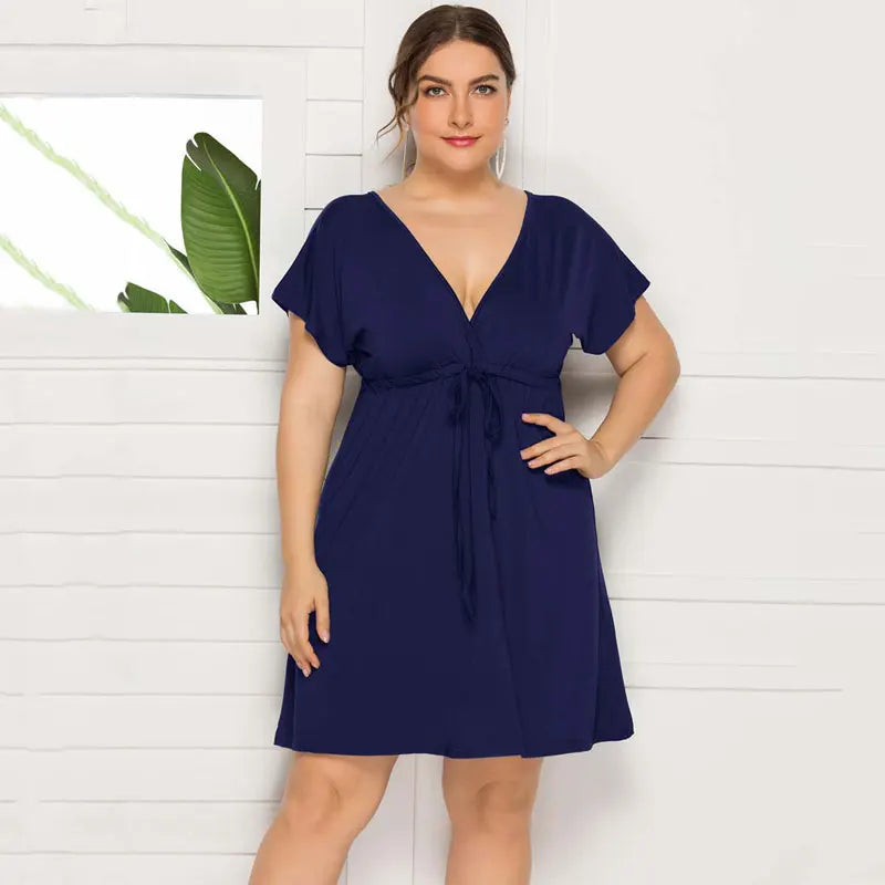 PLUS SIZE V Neck Sleeve Elastic Waist Frenulum Casual Loose Mini Dress