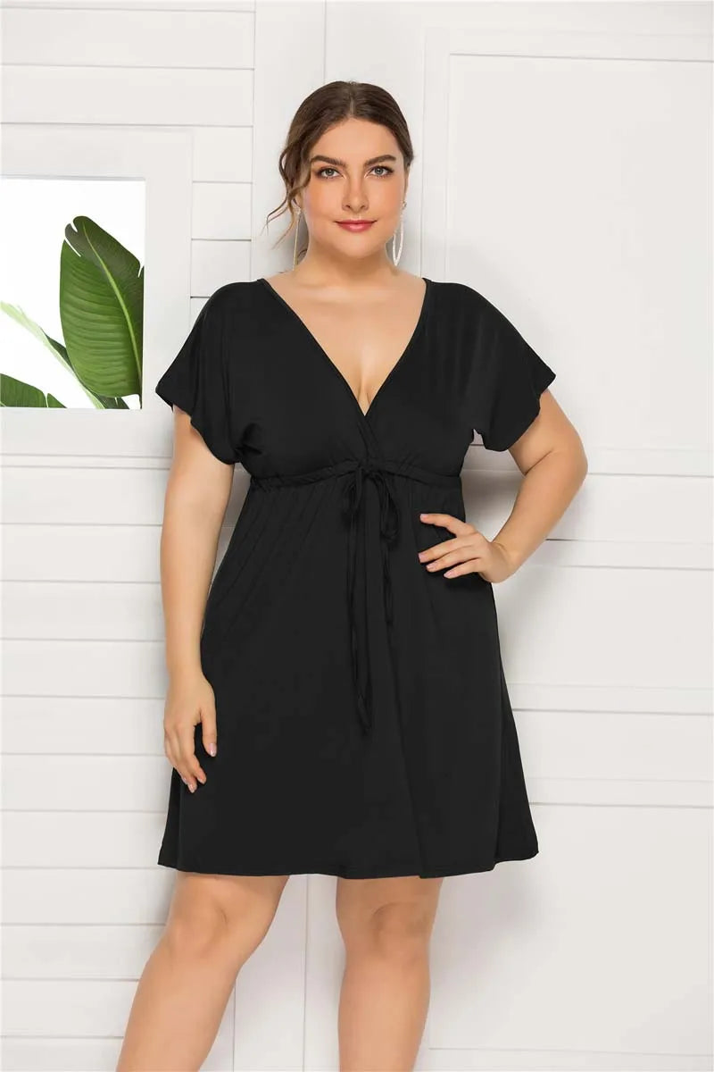 PLUS SIZE V Neck Sleeve Elastic Waist Frenulum Casual Loose Mini Dress