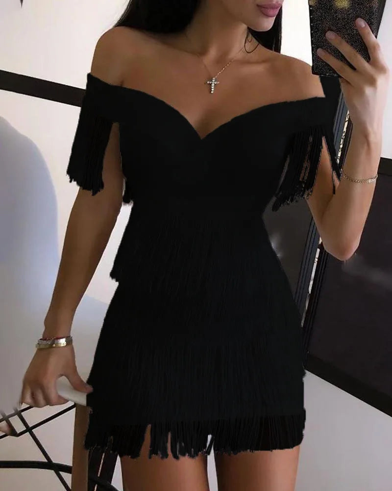 Seattle Solid Slash Neck Sleeveless Empire Tassel Sheath Mini Dress
