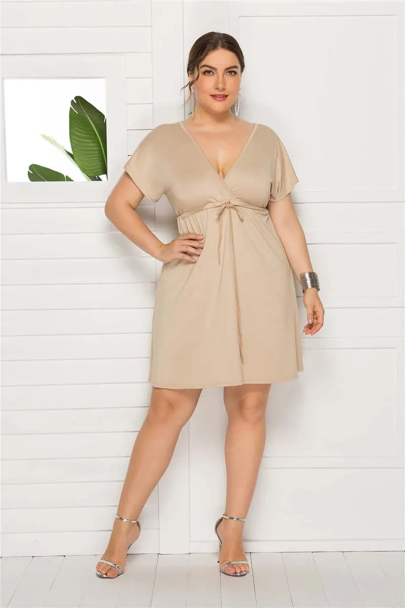 PLUS SIZE V Neck Sleeve Elastic Waist Frenulum Casual Loose Mini Dress