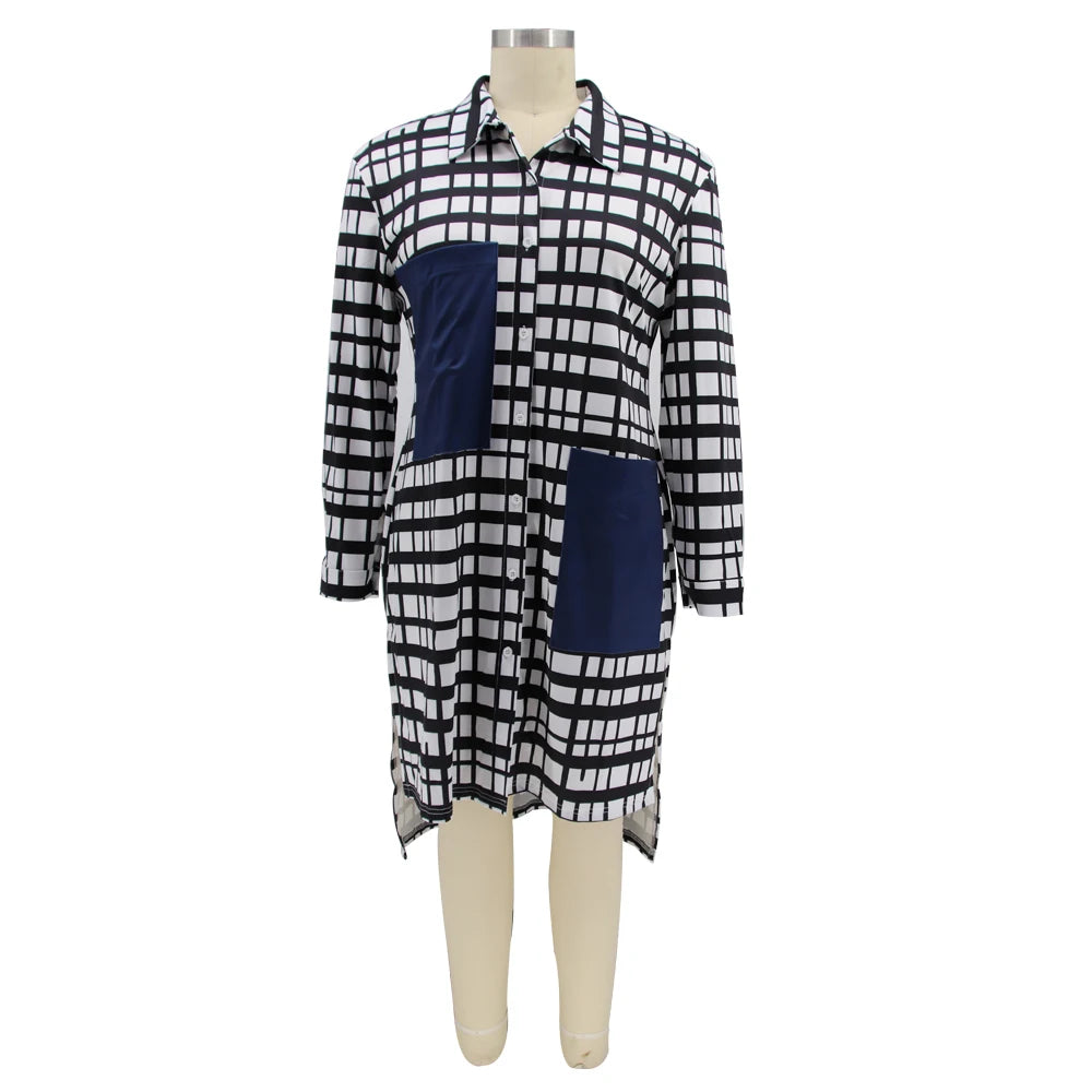 Kentucky Buttons Casual Long Sleeve Loose Office Lady Plaid Midi Dress