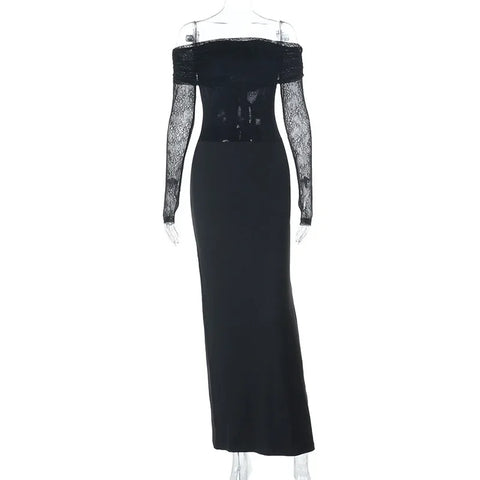 Norwalk Off the Shoulder Long Sleeve Black Lace Tight Waist Maxi Long Dress
