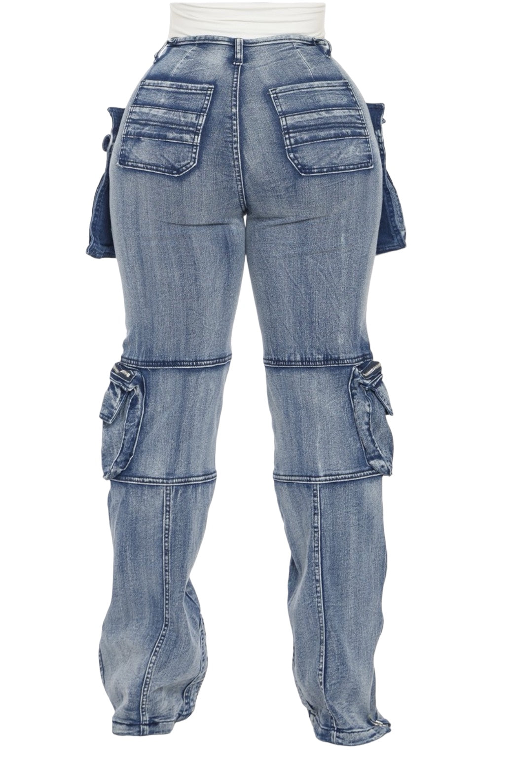 Acid Wash Cargo Denim Pants