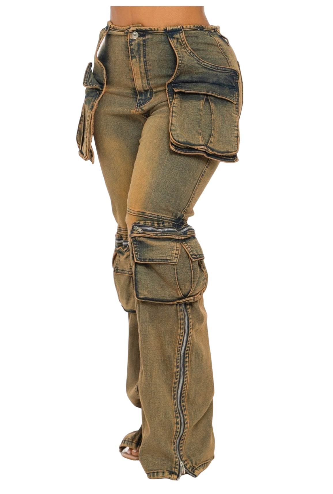 Acid Wash Cargo Denim Pants