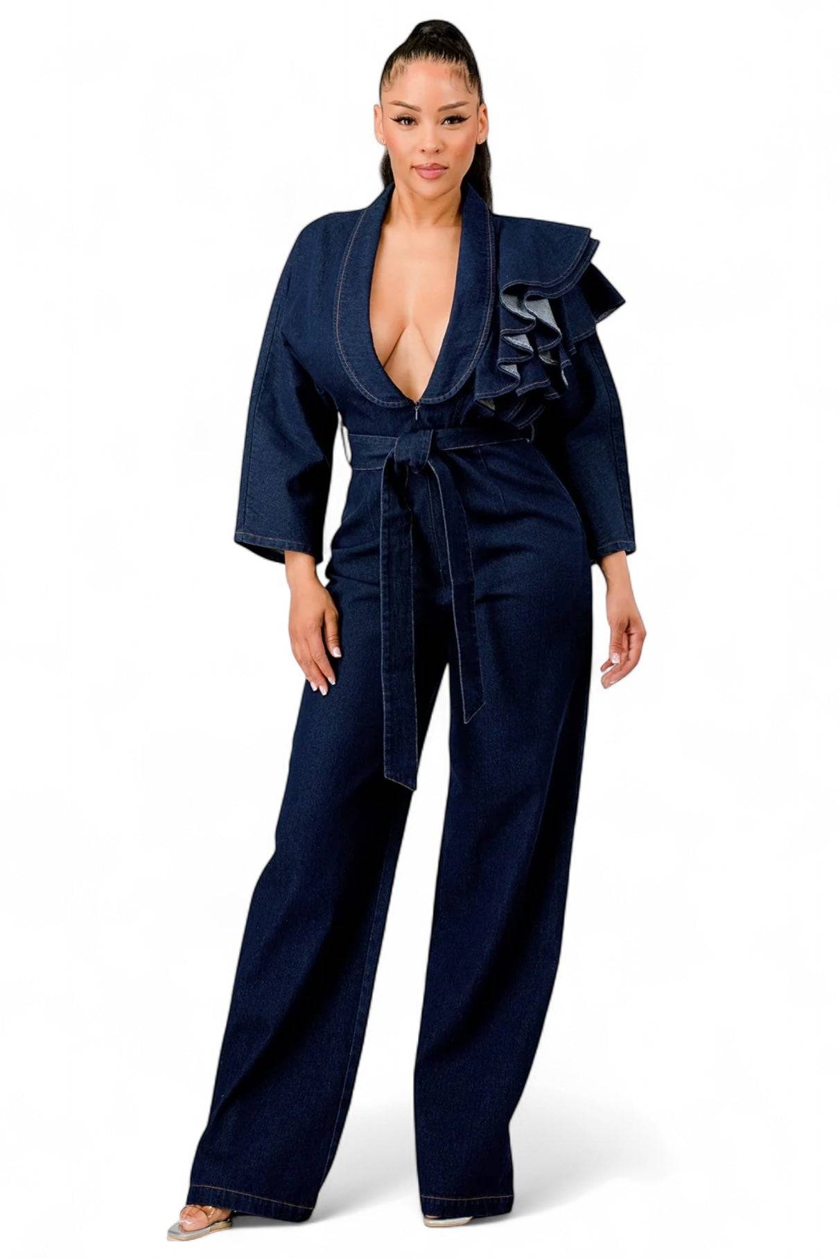 Dark Ruffle Shoulder Deep V Neck Elegant Jumpsuit