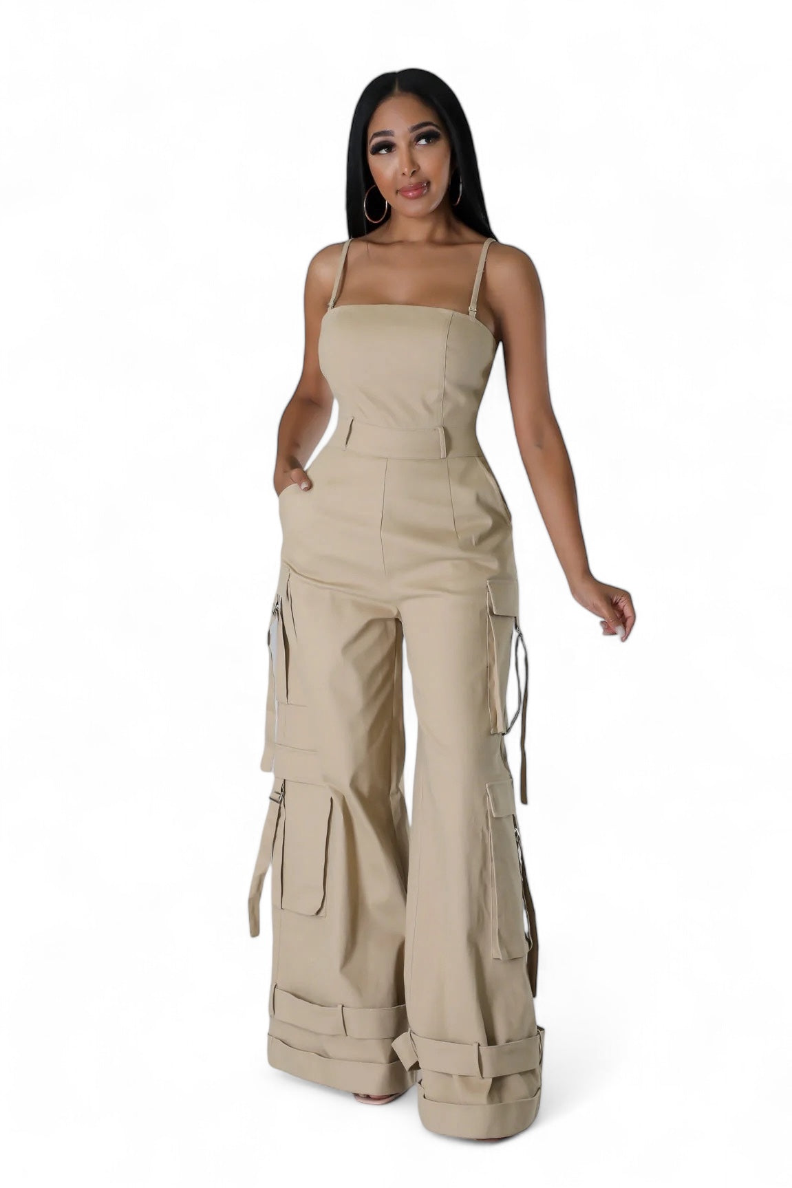 Comfortable Spaghetti Crop Wide Leg Cargo Jumpsuit