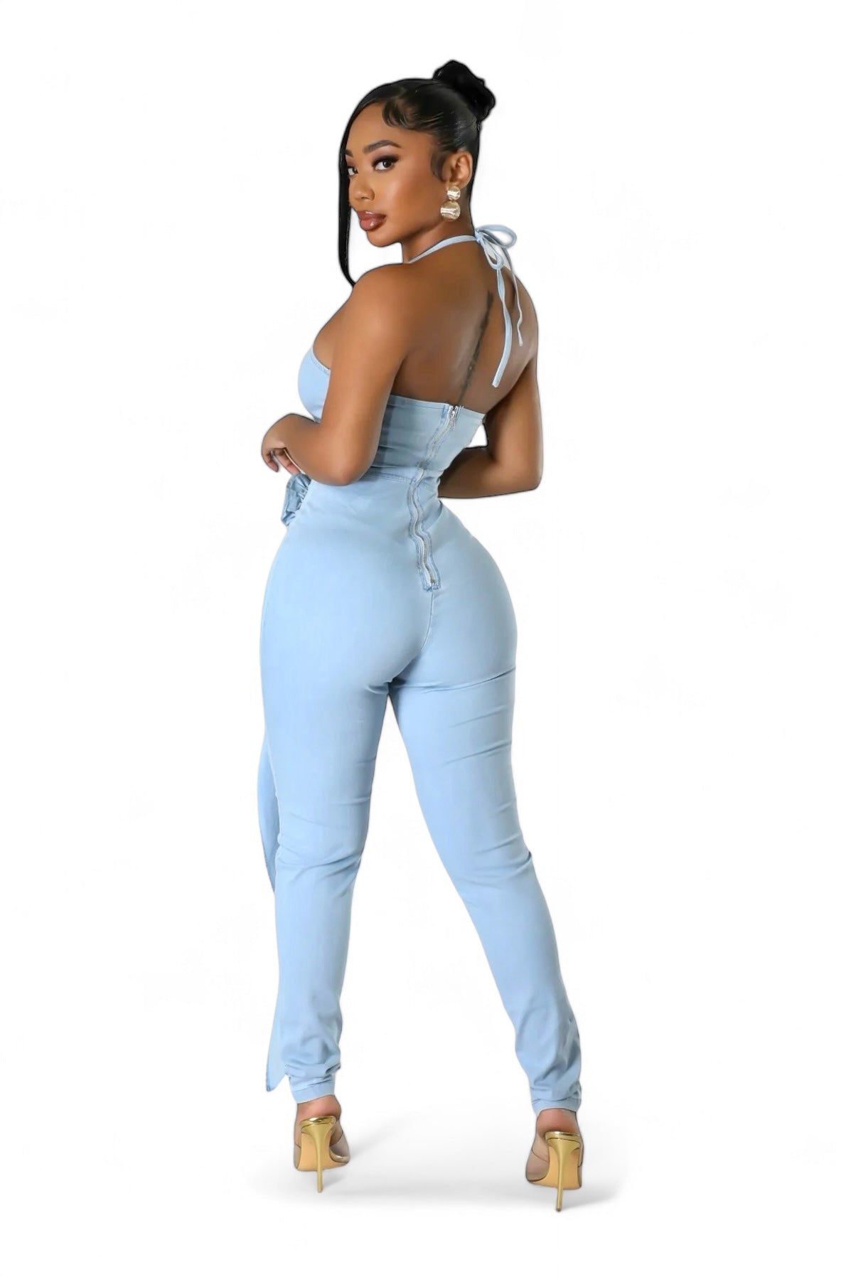 Silhouette Zipper Light Blue Halter Stylish Jumpsuit