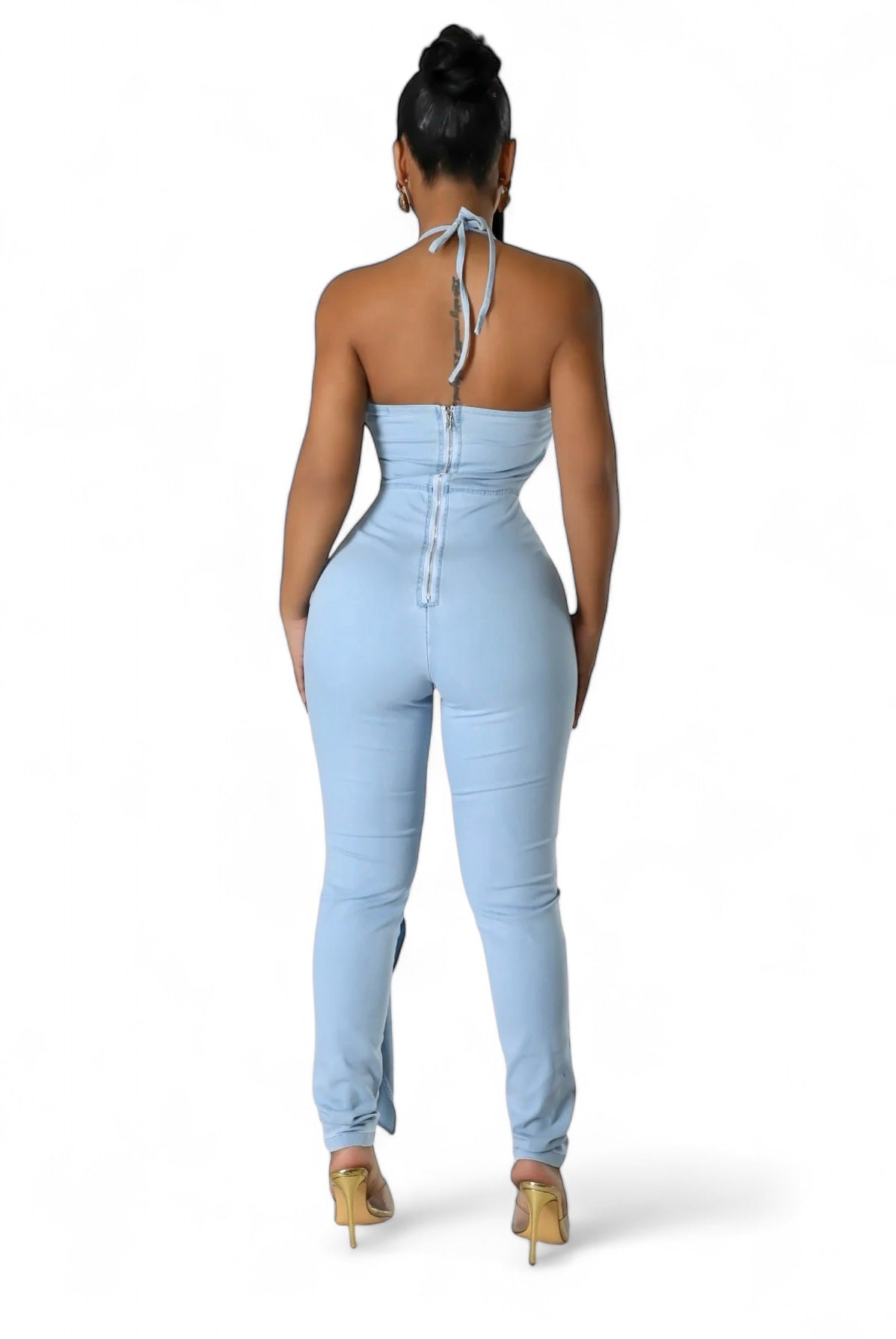 Silhouette Zipper Light Blue Halter Stylish Jumpsuit