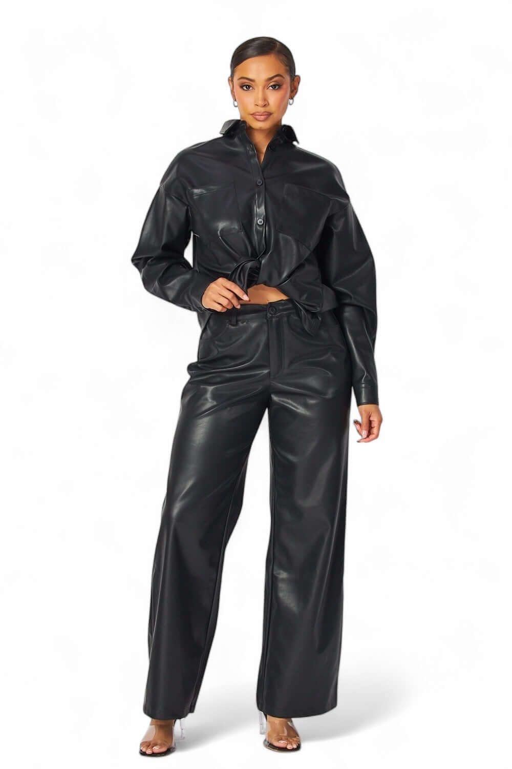 Emery Vegan Leather Button Down Classic Two Piece Set