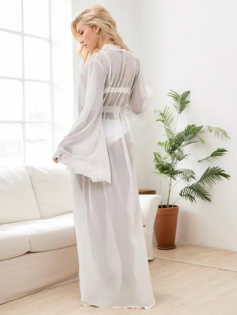 Sexy Soft Stretchy Mesh Illusion Long Bridal Robe Ivory Color