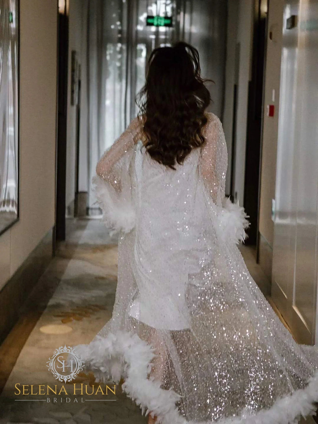 Full Goose Feather Sequin Mesh Long Robe White Ivory