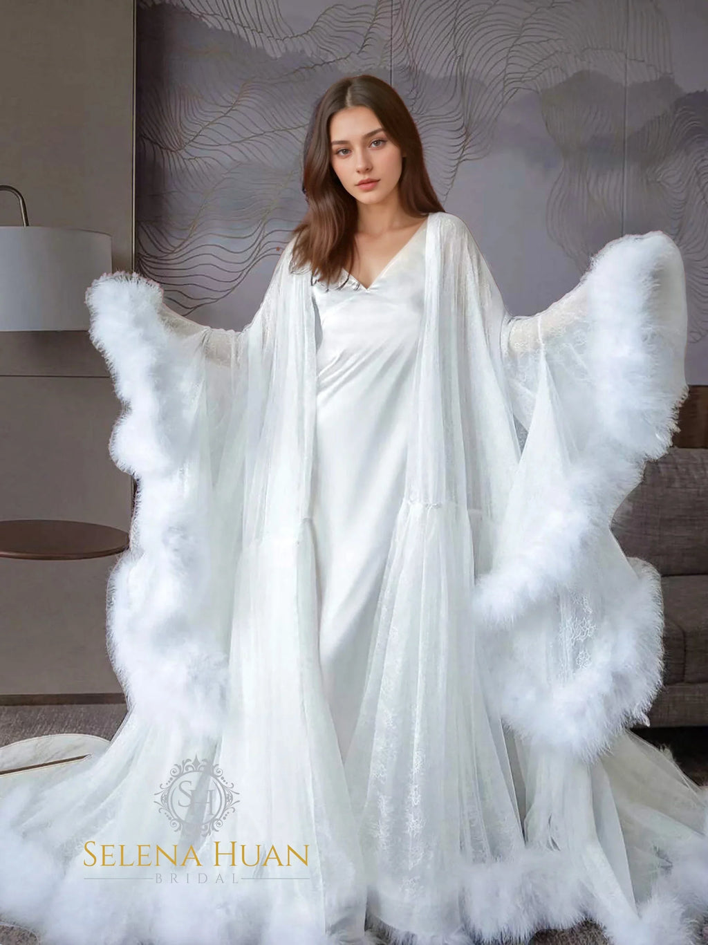 Luxury Thick Turkey Feather Fringe Long Bridal Robe with Night Gown