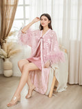 Luxurious Sequin Embroidered Lace Ostrich Feather Robe – Blush Pink Elegance