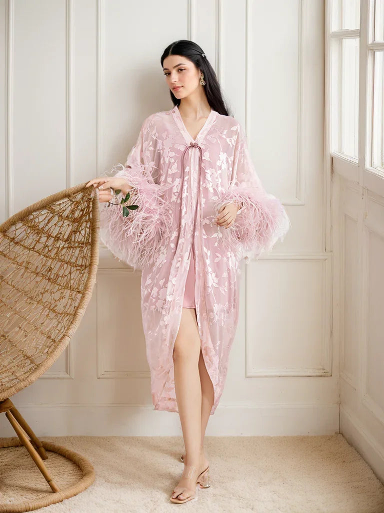 Luxurious Sequin Embroidered Lace Ostrich Feather Robe – Blush Pink Elegance
