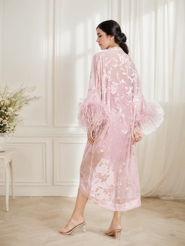 Luxurious Sequin Embroidered Lace Ostrich Feather Robe – Blush Pink Elegance
