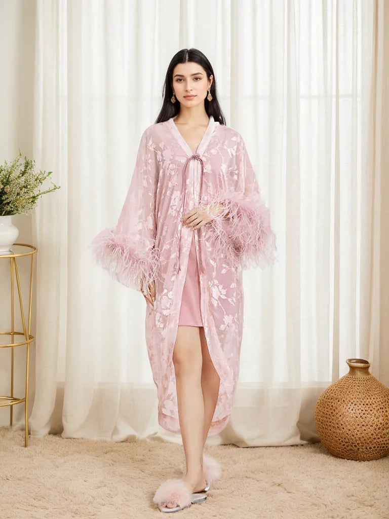 Luxurious Sequin Embroidered Lace Ostrich Feather Robe – Blush Pink Elegance