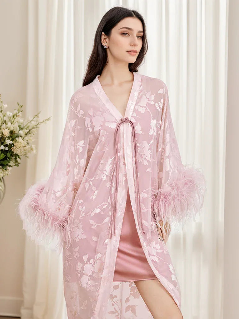 Luxurious Sequin Embroidered Lace Ostrich Feather Robe – Blush Pink Elegance