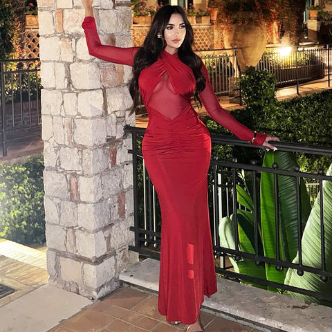 Jimani Long Sleeve Solid Color Sexy Mesh Hollow Out Cutout Pleated Slim Dress