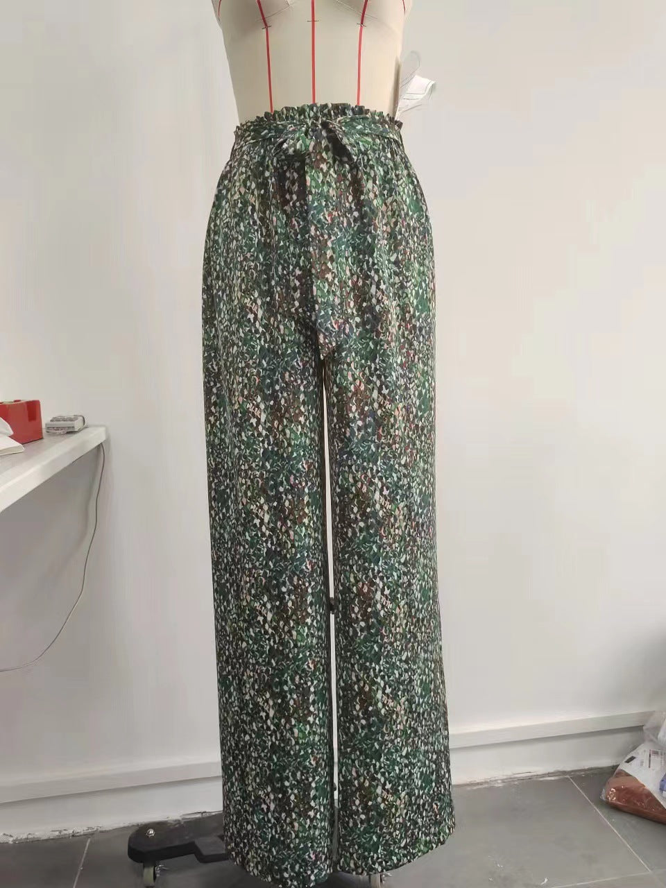 French Vintage Floral Bow Tied High Waist Drooping Wide Leg Pants Women Summer Loose Slimming Casual Pants