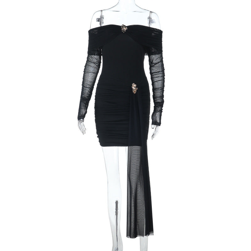 Goldsboro Sexy Off Shoulder Sexy Backless Mesh Stitching Long Sleeve Dress