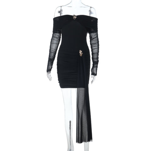 Goldsboro Sexy Off Shoulder Sexy Backless Mesh Stitching Long Sleeve Dress