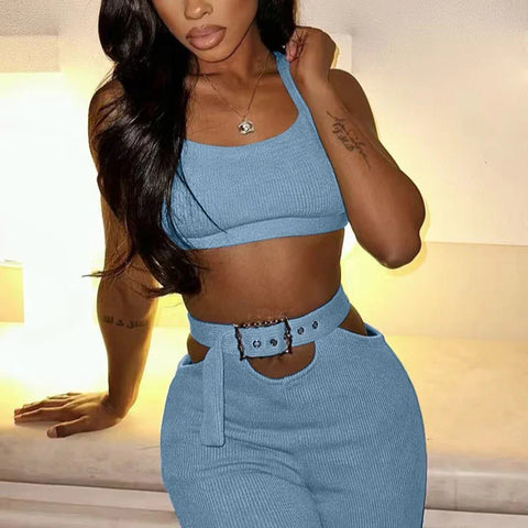 Oyster Bay Cutout Waist with Belt Wide Leg Flare Outfits Two Piece Set