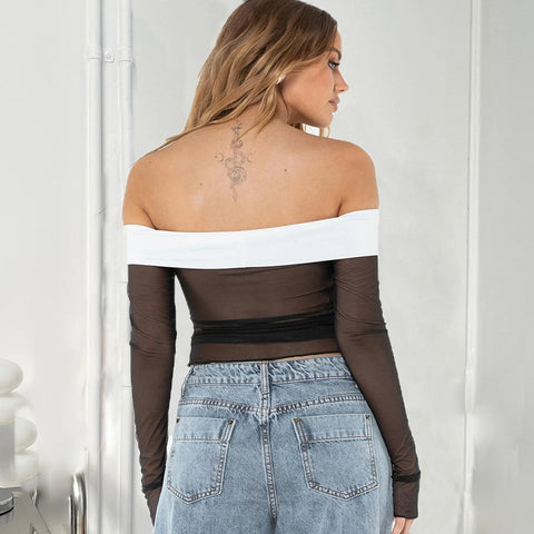 Autumn Contrast off Neck Sheer Long Sleeve