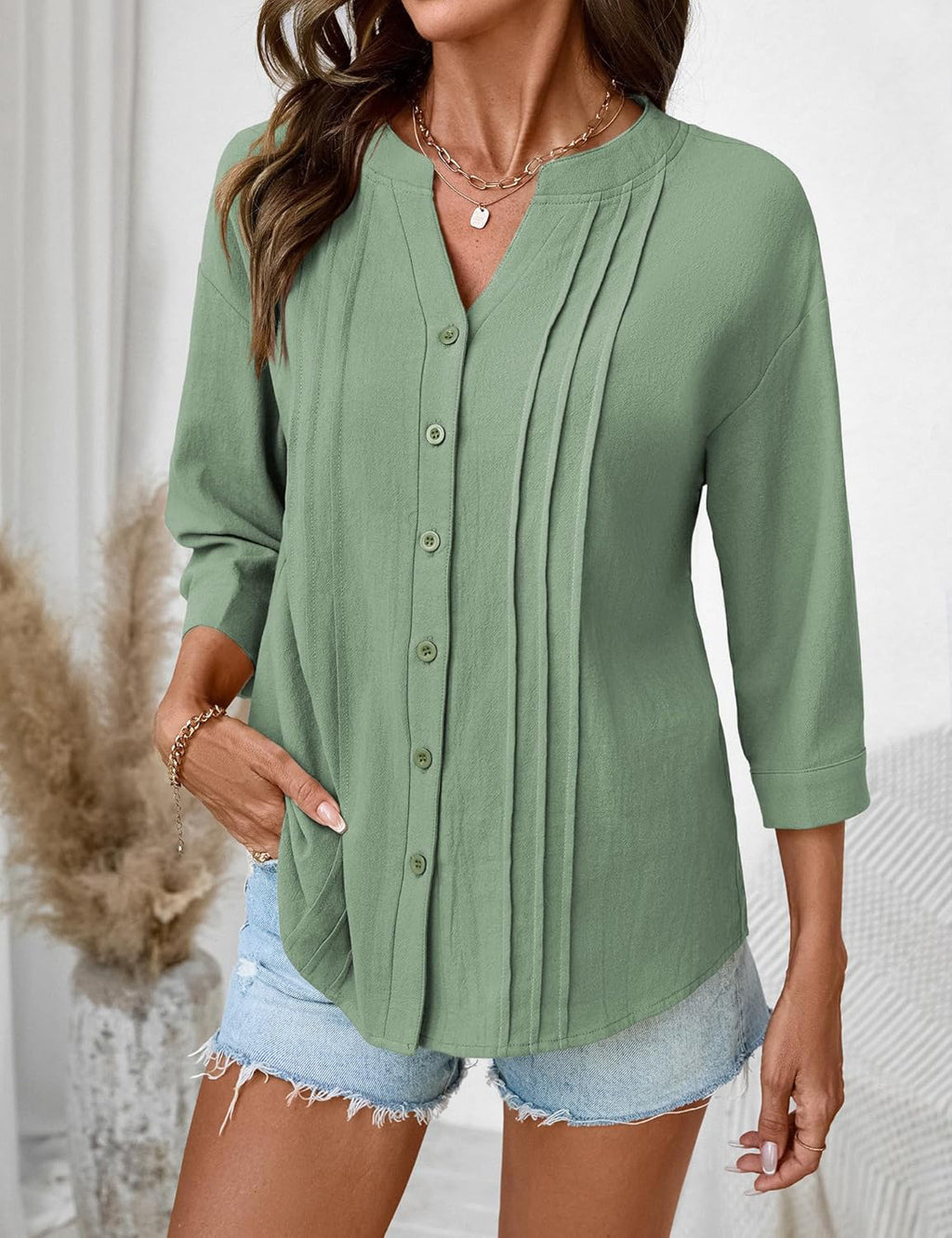 Casual Solid Color Half Open Collar Single Breasted Pleated Cropped Sleeve Top