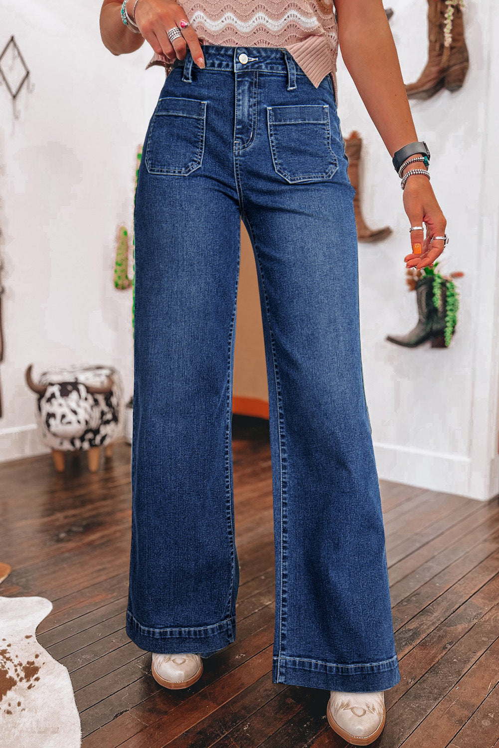 Spring Dark Blue High Waist Wide Leg Jeans Women Retro Straight Leg Pants