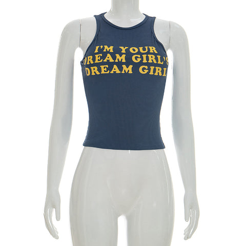 Women Solid  Letters Printing Thread Sleeveless Vest