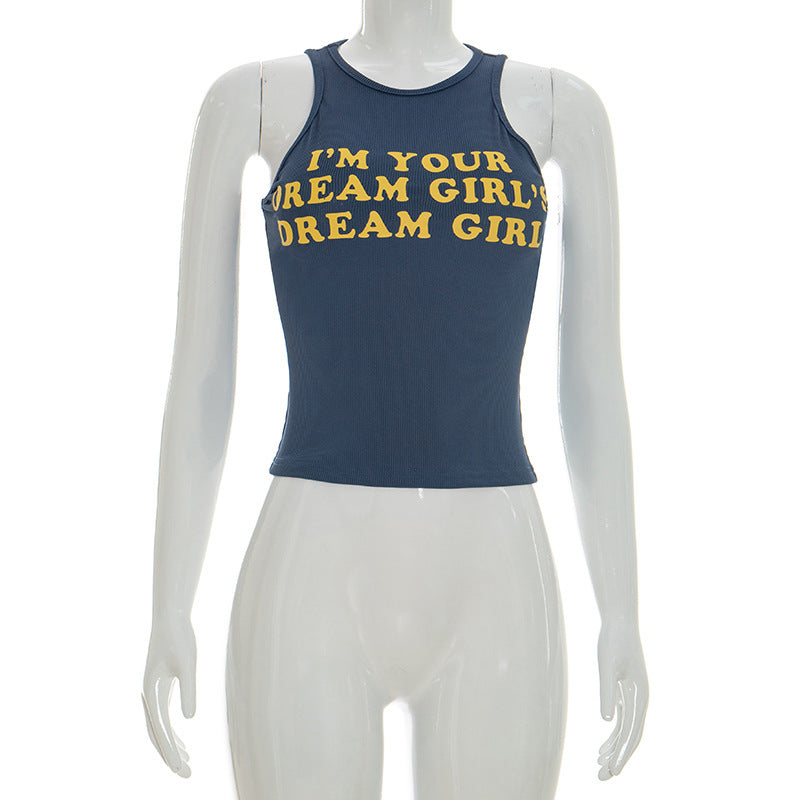 Women Solid  Letters Printing Thread Sleeveless Vest