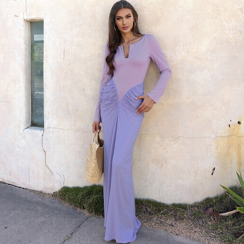 Summerville Clothing Colorblock Slim Pleated Long Sleeve Elegant Dress