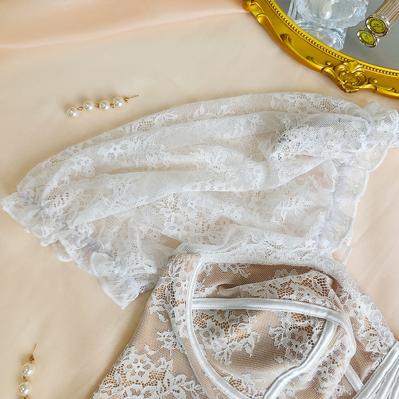 Sexy Lace See through Puff Sleeve Lace Boning Corset Top