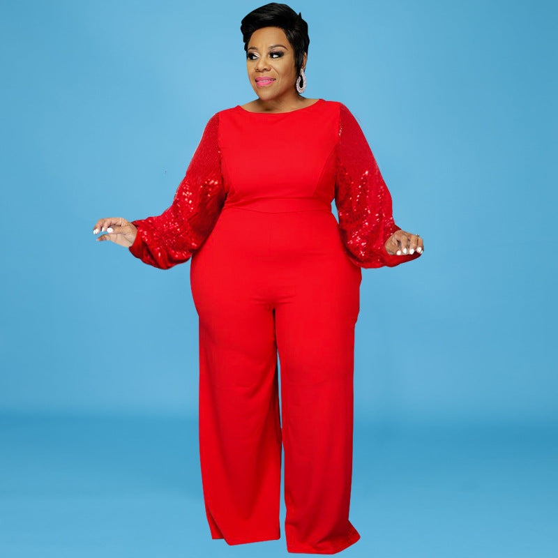 Plus Size Women Clothes Winter New Sequin Sleeve round Neck Jumpsuit New