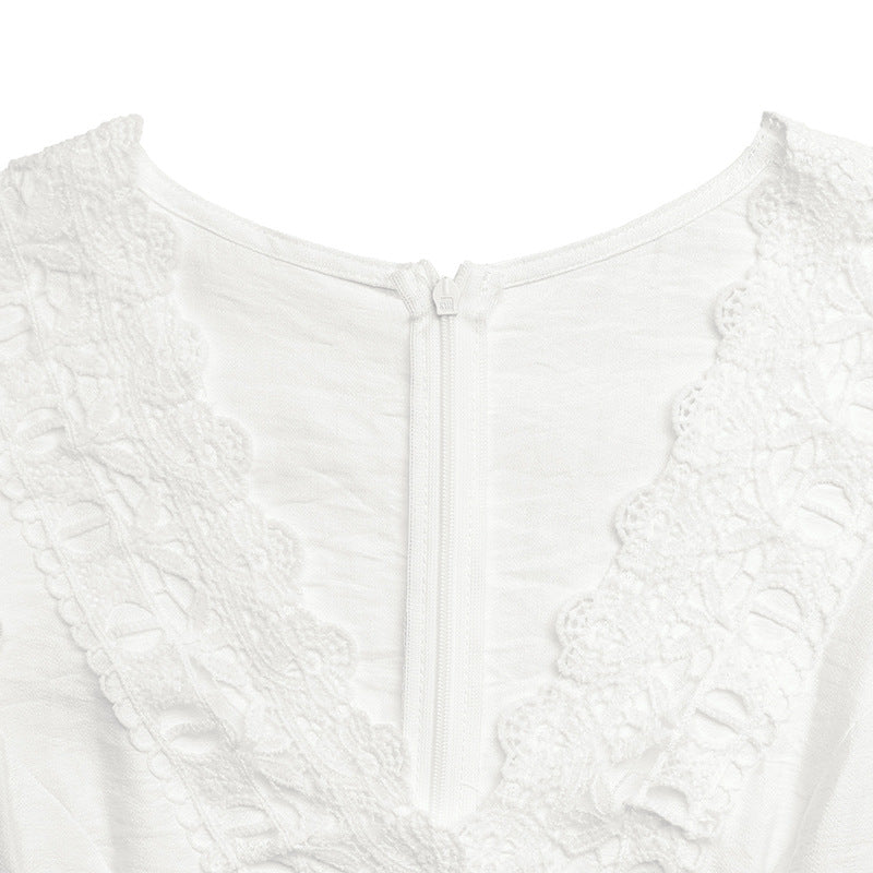 French Gentle Flounced Sleeve Solid Color Lace Hollow Out Cutout out V neck Jumpsuit
