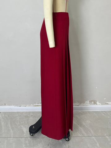 Solid Color High Waist Ruched Waist Slimming Design Waist Pantskirt Flab Hiding Modified Leg Wide Leg Pants