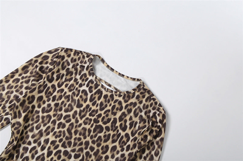 Spring Women Clothes Personality round Neck High Waist Slim Fit Backless Leopard Print Long Sleeve Jumpsuit Women