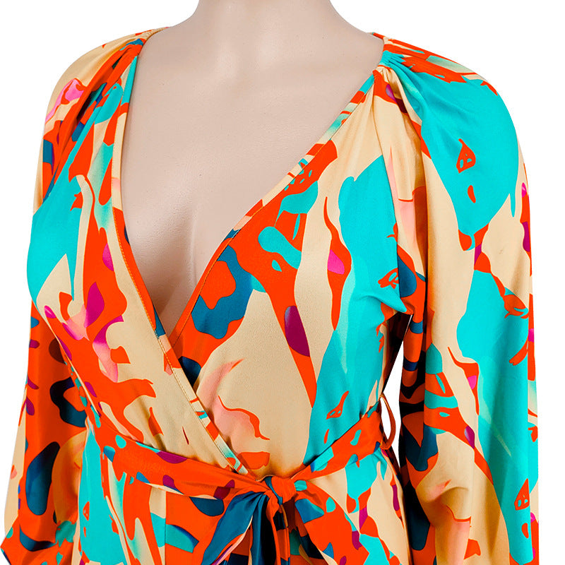 plus Size Women Clothing Autumn Printed Sexy off the Shoulder Long Sleeve Jumpsuit