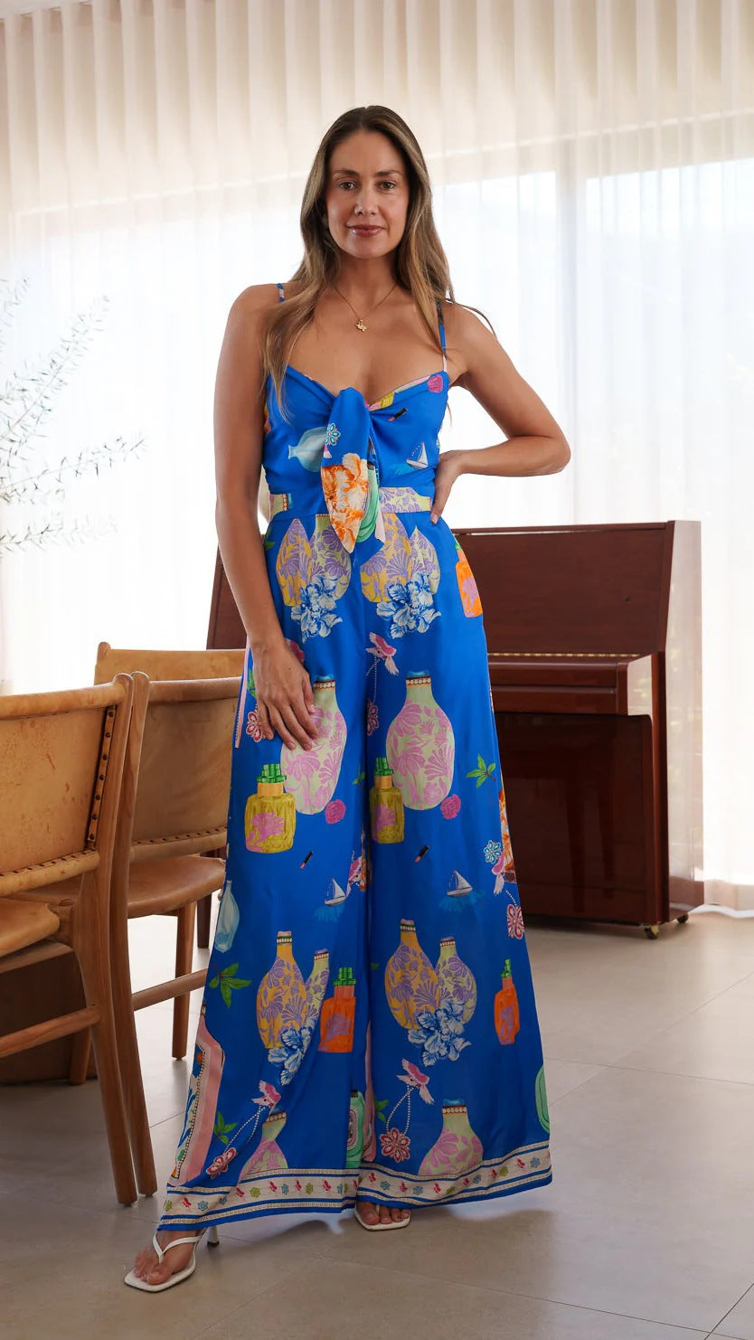 Summer Positioning Printing Casual V neck Strap Wide Leg Lace up Jumpsuit