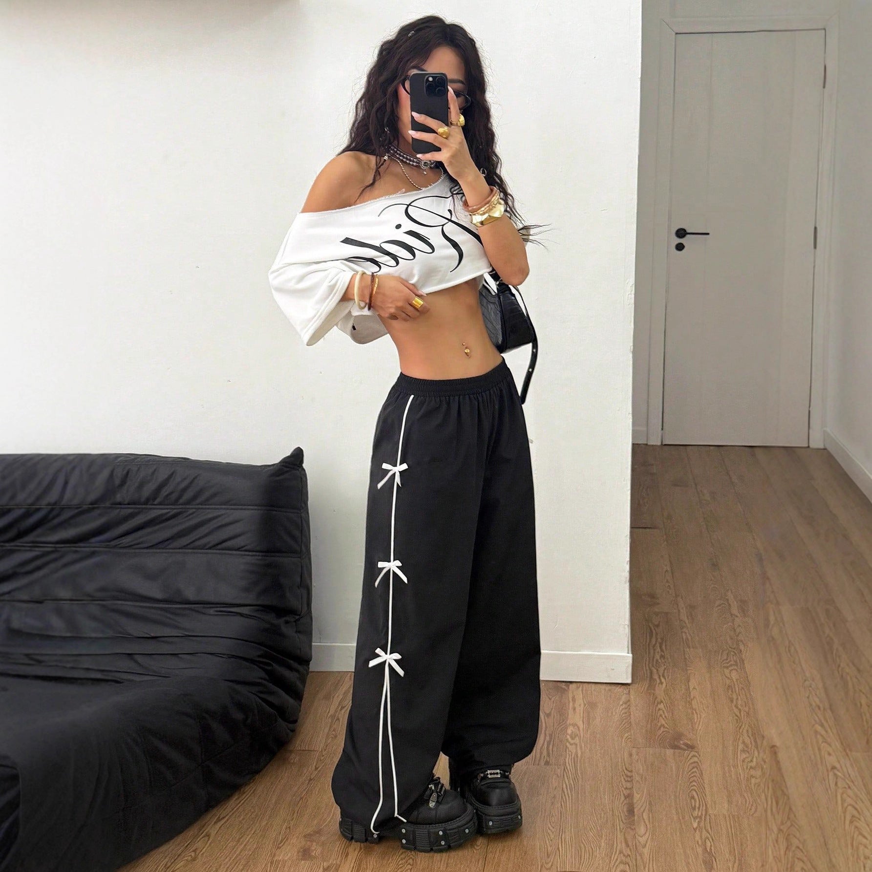 Elastic Waist Small Straight Leg Pants Loose Design Slimming Autumn Winter Casual Pants
