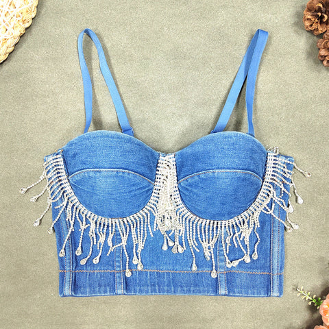 Slim Corset Stitching Rhinestone Tassel Beaded