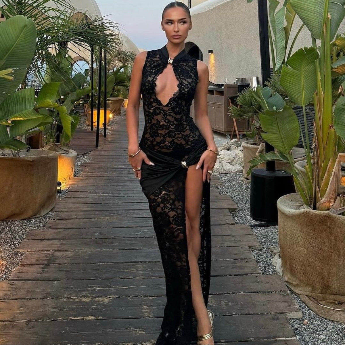 Kissimmee Arrival Sexy Lace Hollow Out Cutout High Slit Slim Sleeveless Dress