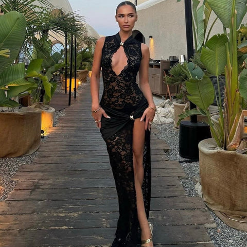 Kissimmee Arrival Sexy Lace Hollow Out Cutout High Slit Slim Sleeveless Dress