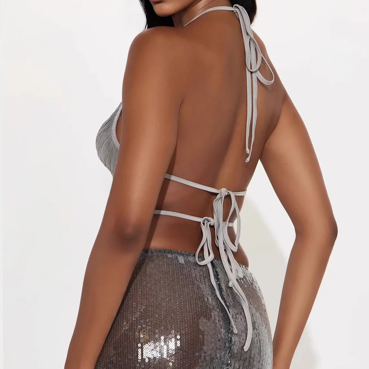 Women Shiny Tassel Halter Lace up  Cutout