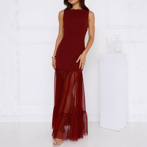 Los Frailes Sleeveless Mesh Stitching Tight Sheath Transparent Backless Dress